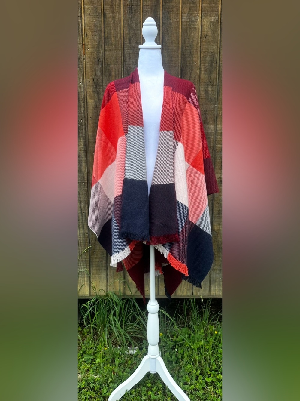 #C-11 Colorblock Knit Wrap Shawl in Red, Coral, Cream, Navy